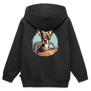 Hund mit Brille fährt ein altes auto - Kinder Premium Organic Zip Hoodie - Schwarz - Hinten - AI Model Kid Male (0cm)