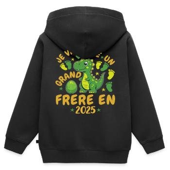 Grand Frère 2025 Annonce Grossesse Cadeau Dino - Sweat Premium à capuche zippé enfant bio - noir - Dos - AI Model Kid Male (0cm)