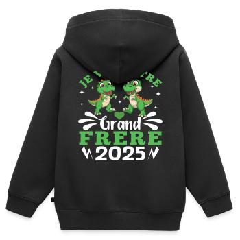Grand Frère 2025 Annonce Grossesse Cadeau Dino - Sweat Premium à capuche zippé enfant bio - noir - Dos - AI Model Kid Male (0cm)