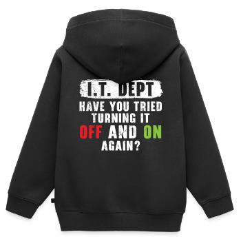Ruhig bleiben und ein Ticket einreichen - Kinder Premium Organic Zip Hoodie - Schwarz - Hinten - AI Model Kid Male (0cm)