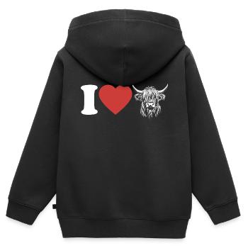 I Love Highland Cattle - Herz - Kuh - Rinderzucht - Kinder Premium Organic Zip Hoodie - Schwarz - Hinten - AI Model Kid Male (0cm)