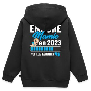 Encore Mamie En 2023 Cadeau Future Grand-mère - Sweat Premium à capuche zippé enfant bio - noir - Dos - AI Model Kid Male (0cm)