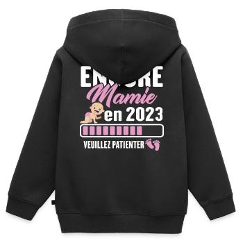 Encore Mamie En 2023 Cadeau Future Grand-mère - Sweat Premium à capuche zippé enfant bio - noir - Dos - AI Model Kid Male (0cm)