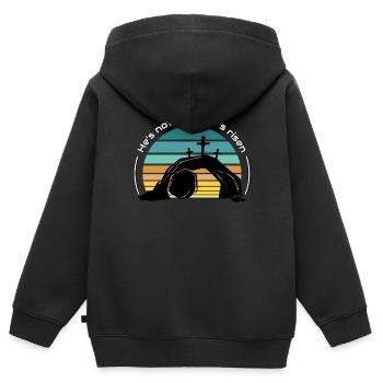 Il n’est pas là, il est ressuscité - Sweat Premium à capuche zippé enfant bio - noir - Dos - AI Model Kid Male (0cm)