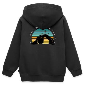Jésus est vivant - Sweat Premium à capuche zippé enfant bio - noir - Dos - AI Model Kid Male (0cm)