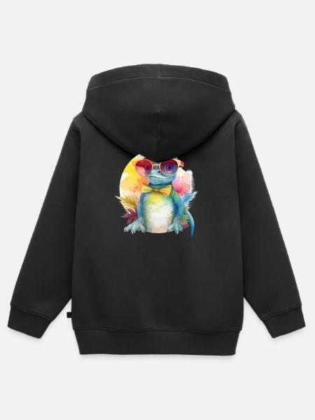 Colorful cool lizard dragon with sunglasses - Kids Premium Organic Zip-up Hoodie - black