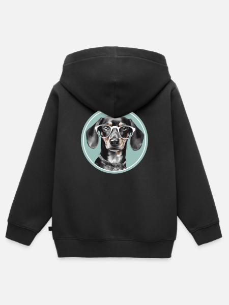 Leuke teckelhond met bril voor teckelventilator - Kinder Premium zip hoodie biologisch - zwart