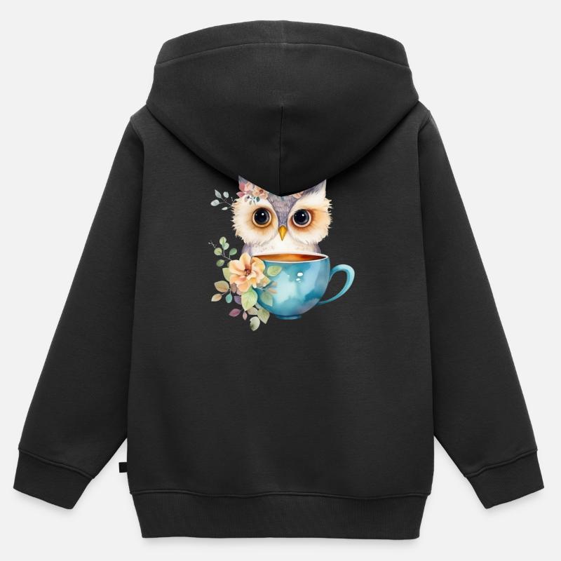 Hibou mignon avec café et fleurs - Sweat Premium à capuche zippé enfant bio - noir