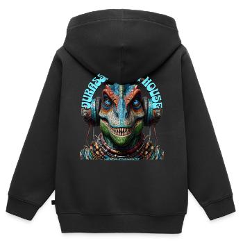 MESOZOIC TECH HOUSE – Cool T-REX with Headphones! - Kids Premium Organic Zip-up Hoodie - black - Back - AI Model Kid Male (0cm)