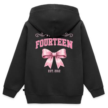 Hello Fourteen 14 Ans Est 2012 Anniversaire Nœud - Sweat Premium à capuche zippé enfant bio - noir - Dos - AI Model Kid Male (0cm)