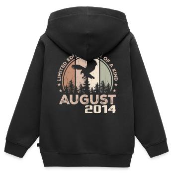 Unvergleichlich seit August 2014, 10-jähriges Jubiläum - Kinder Premium Organic Zip Hoodie - Schwarz - Hinten - AI Model Kid Male (0cm)