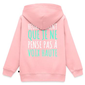 Je ne pense pas à voix haute humour phrase drôle - Sweat Premium à capuche zippé enfant bio - rose - Dos - AI Model Kid Female (0cm)