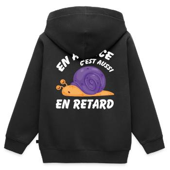 En avance c'est aussi en retard - Sweat Premium à capuche zippé enfant bio - noir - Dos - AI Model Kid Male (0cm)