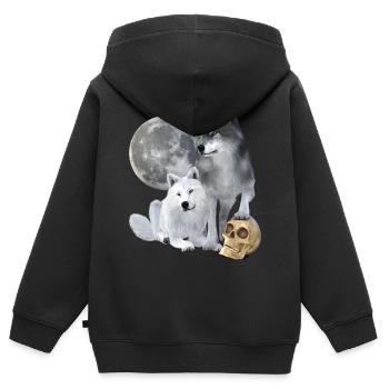 Wölfe, weiß, grau, Mond, Schädel - Kinder Premium Organic Zip Hoodie - Schwarz - Hinten - AI Model Kid Male (0cm)