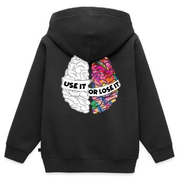 Utilisez-le ou perdez-le - Cerveau créatif analytique - Sweat Premium à capuche zippé enfant bio - noir - Dos - AI Model Kid Male (0cm)