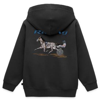 Rennpferd mit Jockey in Dynamik - Kinder Premium Organic Zip Hoodie - Schwarz - Hinten - AI Model Kid Male (0cm)