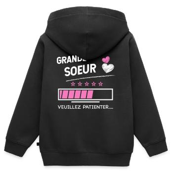 Grande soeur veuillez patienter - Sweat Premium à capuche zippé enfant bio - noir - Dos - AI Model Kid Male (0cm)