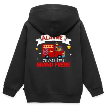 Alarme grand frere Humour naissance - Sweat Premium à capuche zippé enfant bio - noir - Dos - AI Model Kid Male (0cm)