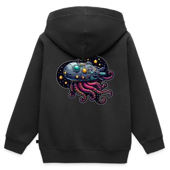 Vaisseau spatial Fancy Octopus - Sweat Premium à capuche zippé enfant bio - noir - Dos - AI Model Kid Male (0cm)