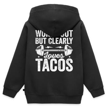 Works Out But Clearly Loves Tacos - Kids Premium Organic Zip-up Hoodie - black - Back - AI Model Kid Male (0cm)