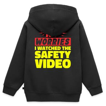 Keine Sorge, ich habe mir das Sicherheitsvideo angesehen - Kinder Premium Organic Zip Hoodie - Schwarz - Hinten - AI Model Kid Male (0cm)