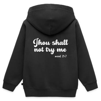 Du sollst mich nicht auf die Probe stellen - Kinder Premium Organic Zip Hoodie - Schwarz - Hinten - AI Model Kid Male (0cm)