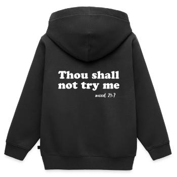 Du sollst mich nicht auf die Probe stellen - Kinder Premium Organic Zip Hoodie - Schwarz - Hinten - AI Model Kid Male (0cm)