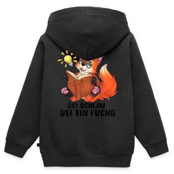 "Sei Schlau, Sei ein Fuchs" Niedlicher Fuchs - Kinder Premium Organic Zip Hoodie - Schwarz - Hinten - AI Model Kid Male (0cm)