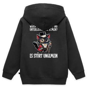 Her breathing is disturbing – Cynical cat in a noble look - Kids Premium Organic Zip-up Hoodie - black - Back - AI Model Kid Male (0cm)