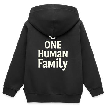 UNE FAMILLE HUMAINE Cohésion du globe - Sweat Premium à capuche zippé enfant bio - noir - Dos - AI Model Kid Male (0cm)