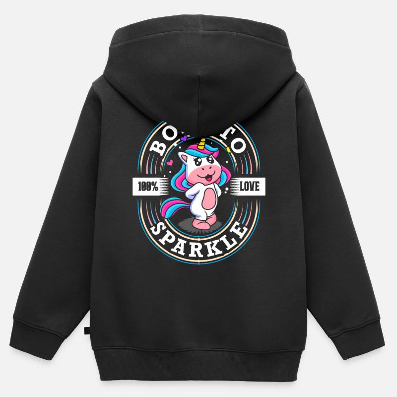 Born to Sparkle - Licorne douce - Glitter - Sweat Premium à capuche zippé enfant bio - noir