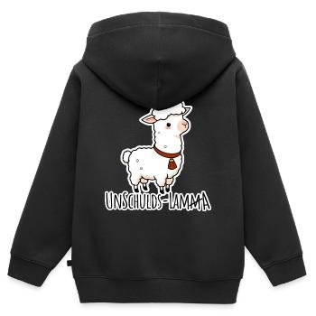Blague plate sur l’Innocent Lamb, euh, Lama - Sweat Premium à capuche zippé enfant bio - noir - Dos - AI Model Kid Male (0cm)