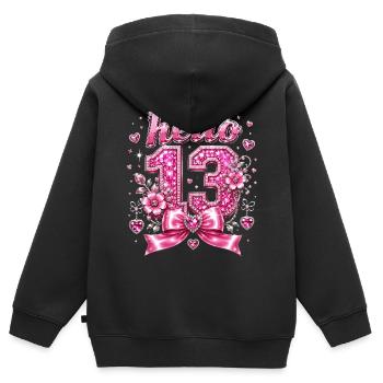 Hello 13 Diamants et Nœud Rose | Anniversaire - Sweat Premium à capuche zippé enfant bio - noir - Dos - AI Model Kid Male (0cm)