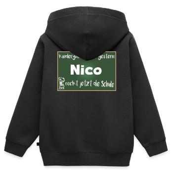 Nico rockt jetzt die Schule Kindershirt - Kinder Premium Organic Zip Hoodie - Schwarz - Hinten - AI Model Kid Male (0cm)
