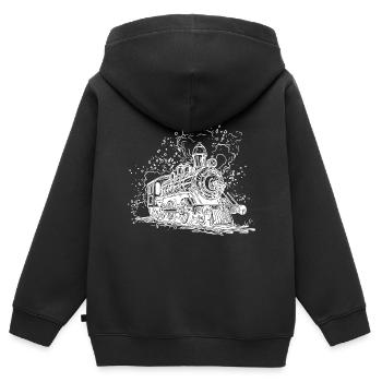 Rauchende Dampflokomotive auf Gleisen unter Dampf - Kinder Premium Organic Zip Hoodie - Schwarz - Hinten - AI Model Kid Male (0cm)