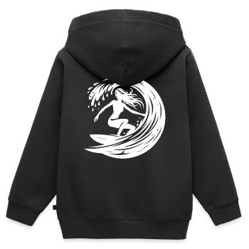 Sportliche Surferin mit Surfbrett im Wellen Tunnel - Kinder Premium Organic Zip Hoodie - Schwarz - Hinten - AI Model Kid Male (0cm)