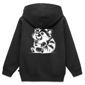 Lustiger Waschbär als Kaffeejunkie mit Becher - Kinder Premium Organic Zip Hoodie - Schwarz - Hinten - AI Model Kid Male (0cm)