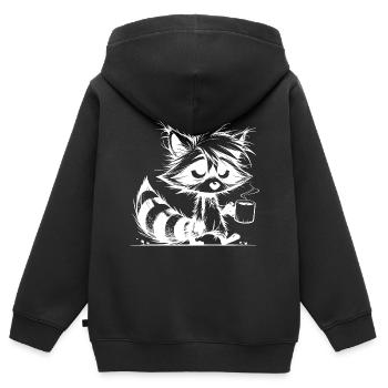 Verschlafener müder Waschbär mit Kaffeetasse - Kinder Premium Organic Zip Hoodie - Schwarz - Hinten - AI Model Kid Male (0cm)
