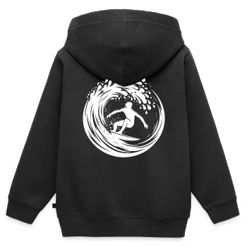 Wellen Surfboard und Surfer im Wellen Tunnel - Kinder Premium Organic Zip Hoodie - Schwarz - Hinten - AI Model Kid Male (0cm)