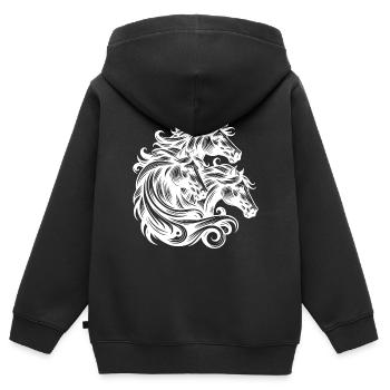 Têtes de cheval sauvage avec une crinière élégante dans le vent - Sweat Premium à capuche zippé enfant bio - noir - Dos - AI Model Kid Male (0cm)