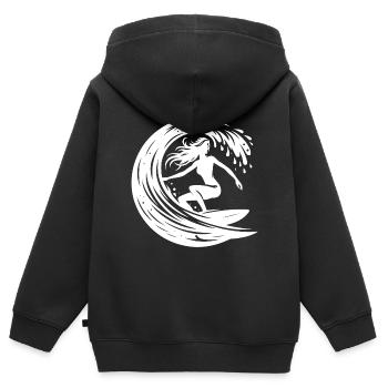 Elegante Surferin mit Surfbrett im Wellen Tunnel - Kinder Premium Organic Zip Hoodie - Schwarz - Hinten - AI Model Kid Male (0cm)
