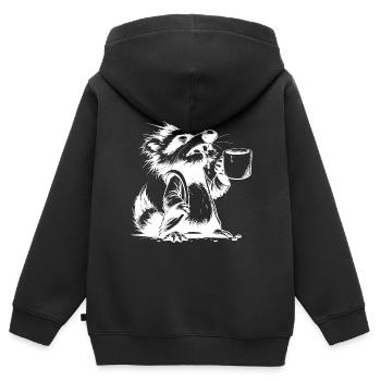 Waschbär mit Kaffeetasse extrem müde Zeichnung - Kinder Premium Organic Zip Hoodie - Schwarz - Hinten - AI Model Kid Male (0cm)