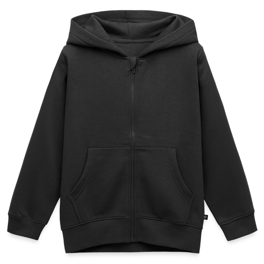 Interlaken badge on a kids premium organic zip-up hoodie, black