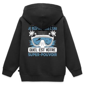 Ich atme unter Wasser, was ist deine Superkraft? - Kinder Premium Organic Zip Hoodie - Schwarz - Hinten - AI Model Kid Male (0cm)