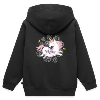 Prénom Cadeau de la licorne Mila - Sweat Premium à capuche zippé enfant bio - noir - Dos - AI Model Kid Male (0cm)