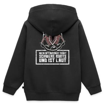 Mein Optimismus trägt schwere Boots und ist laut. - Kinder Premium Organic Zip Hoodie - Schwarz - Hinten - AI Model Kid Male (0cm)