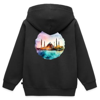 Architecture turque, peinture, couleurs - Sweat Premium à capuche zippé enfant bio - noir - Dos - AI Model Kid Male (0cm)
