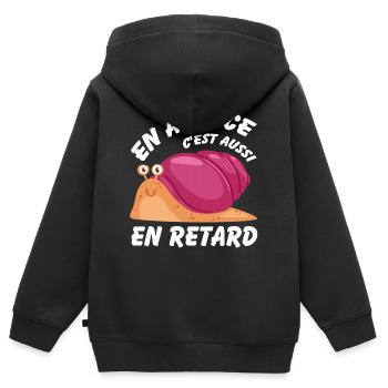 En avance c'est aussi en retard - Sweat Premium à capuche zippé enfant bio - noir - Dos - AI Model Kid Male (0cm)