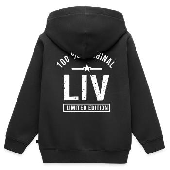 Liv Geschenk tshirt benutzerdefinierten Name Liv, Liv - Kinder Premium Organic Zip Hoodie - Schwarz - Hinten - AI Model Kid Male (0cm)