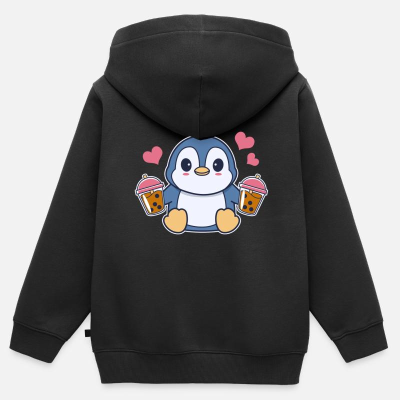 Pingouin Kawaii sucré avec bubble tea - Sweat Premium à capuche zippé enfant bio - noir
